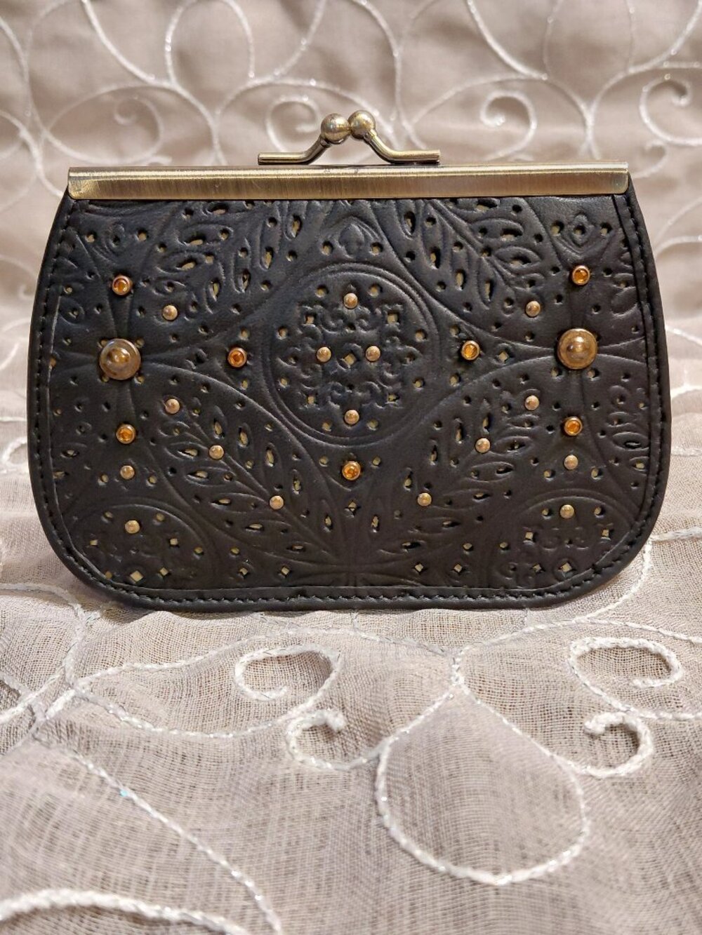 Black Tooled Leather Kiss-Lock Wallet Studded Gold Hardware ID Window